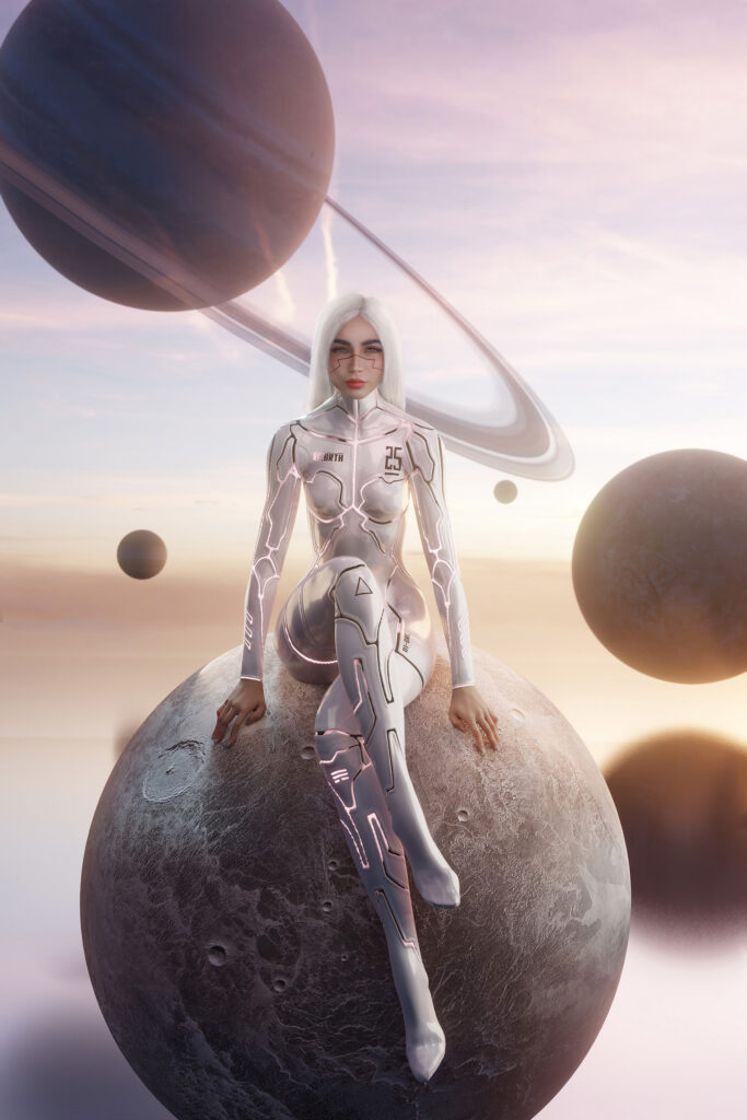Darian Rojas with white hair and a silver bodysuit sits atop a moon-like sphere amidst a backdrop of planets and a radiant sky.